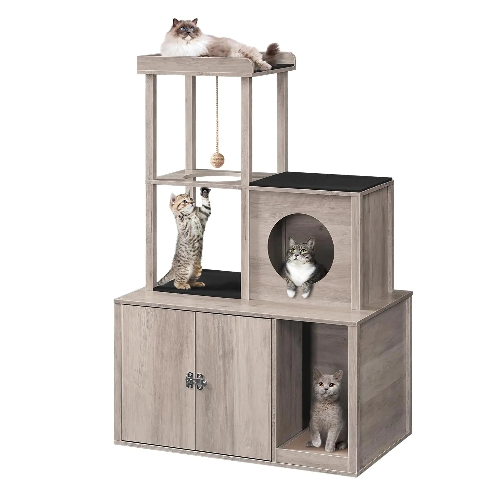 Hidden cat litter box with cat tower in wooden finish featuring multiple cats playing and resting