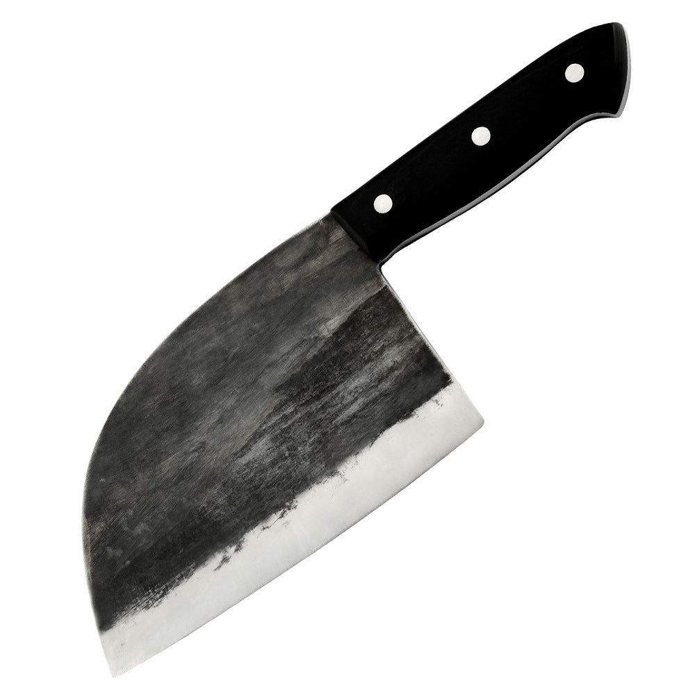 High hardness chopping knife with black handle and rustic steel blade for kitchen use