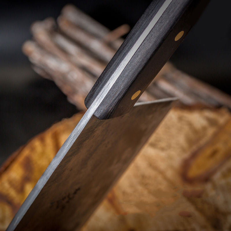 My Store high hardness chopping knife with dark wooden handle and sharp steel blade close-up