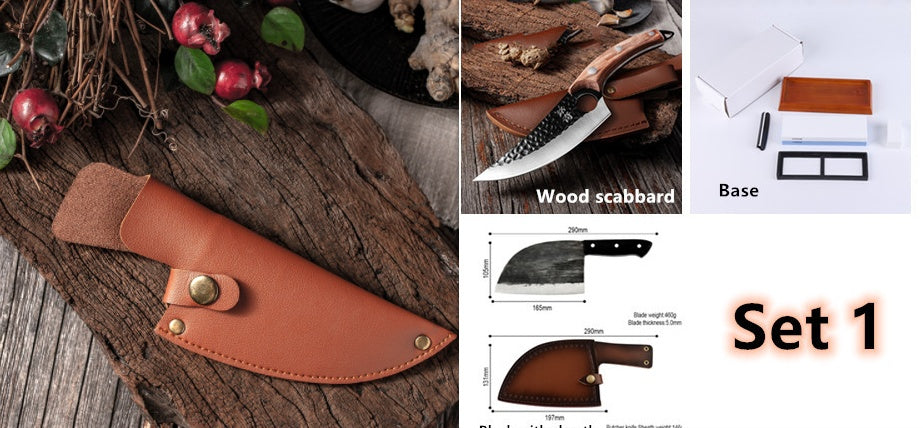 High hardness chopping knife with wooden scabbard and leather sheath set for kitchen use