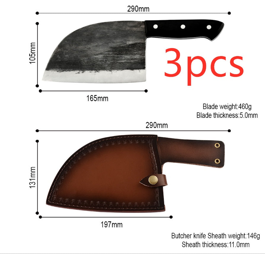 High hardness chopping knife with black handle and leather sheath showing dimensions and blade thickness