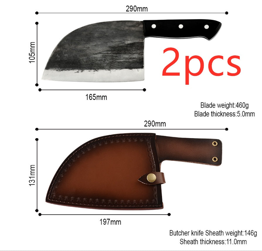 High hardness chopping knife with black handle and leather sheath showing dimensions and weight