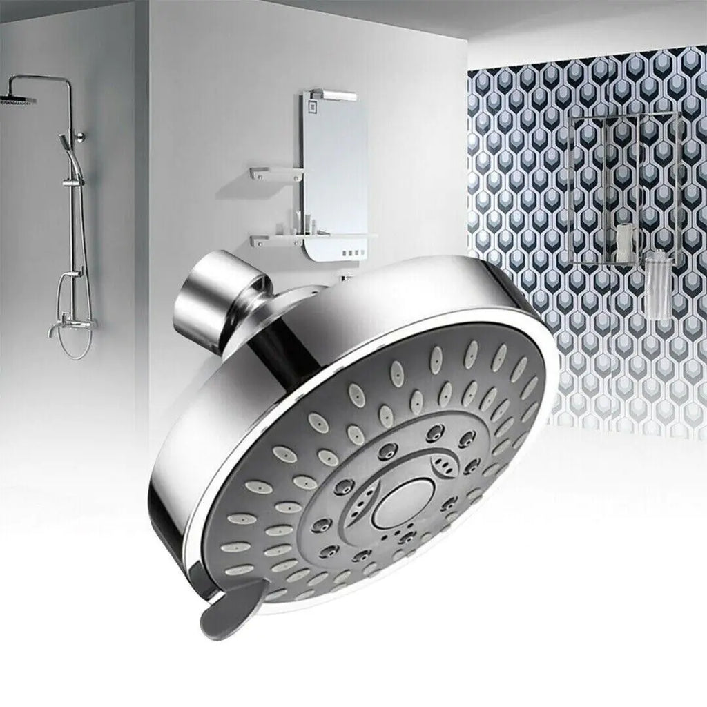 High pressure handheld shower head in chrome finish with multiple spray settings for bathroom use