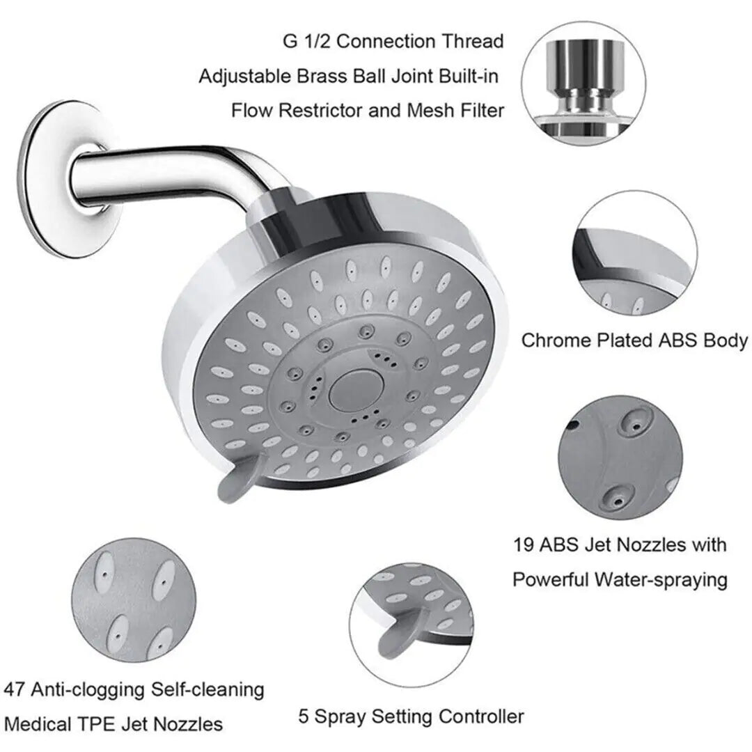 Chrome plated high pressure handheld shower head with 19 jet nozzles and adjustable spray settings