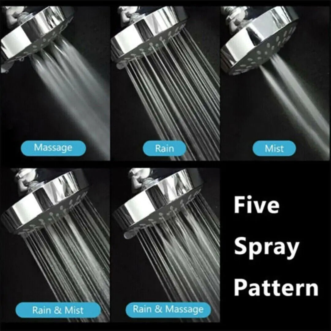High pressure handheld shower head showing five spray patterns including massage rain mist rain and mist rain and massage