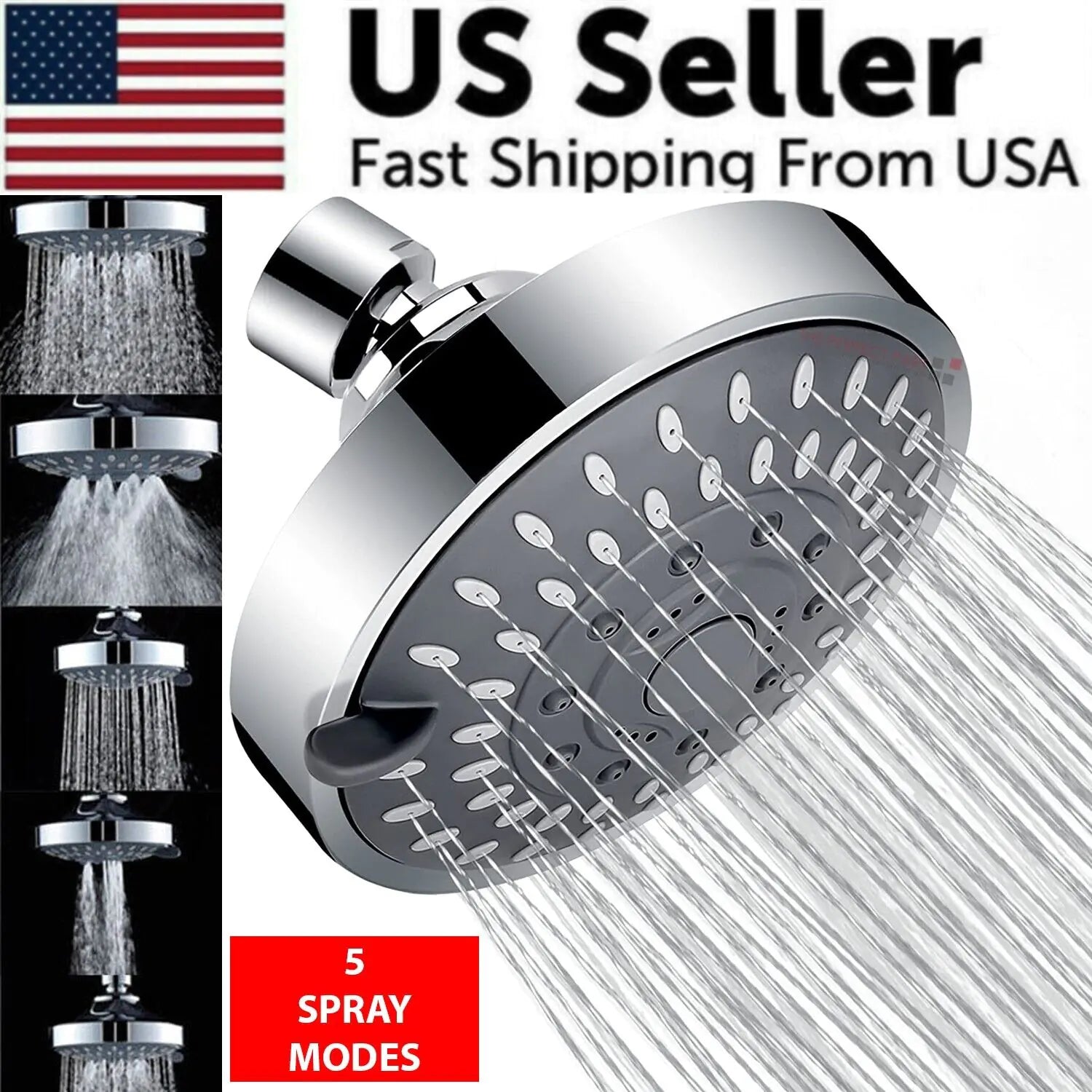High pressure handheld shower head with 5 spray modes and chrome finish for powerful water flow