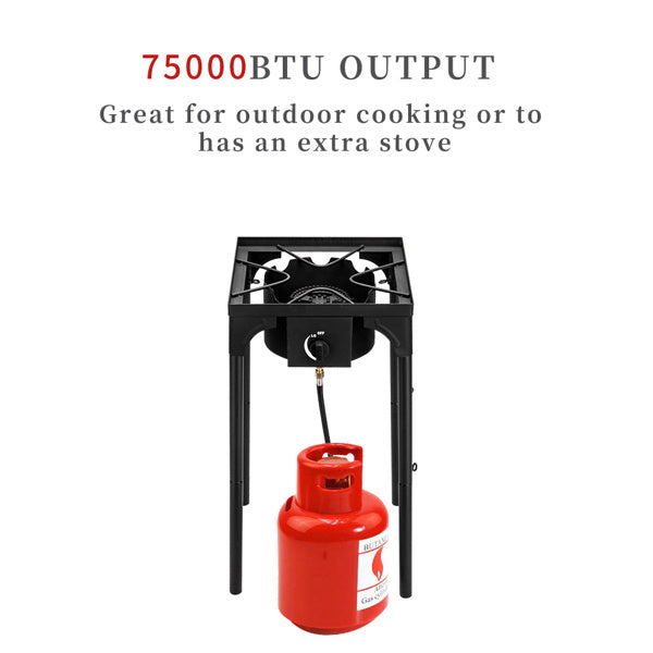 High pressure propane gas burner with 75000 BTU output and red propane tank for outdoor cooking