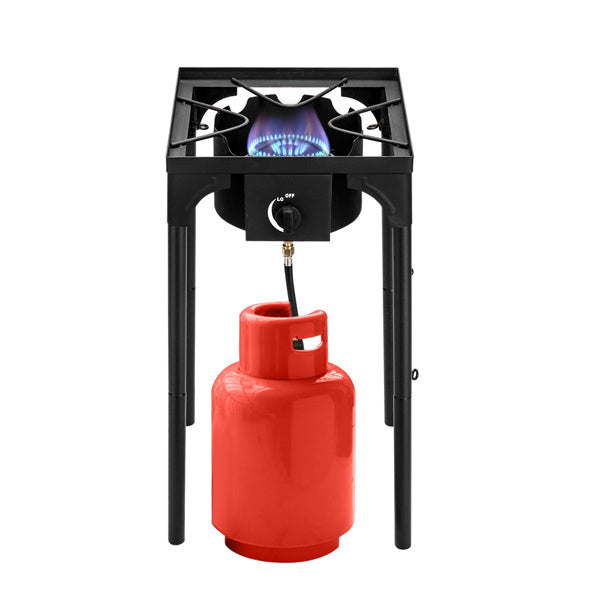 Shopi Vella high pressure propane gas burner with black metal frame and red propane tank