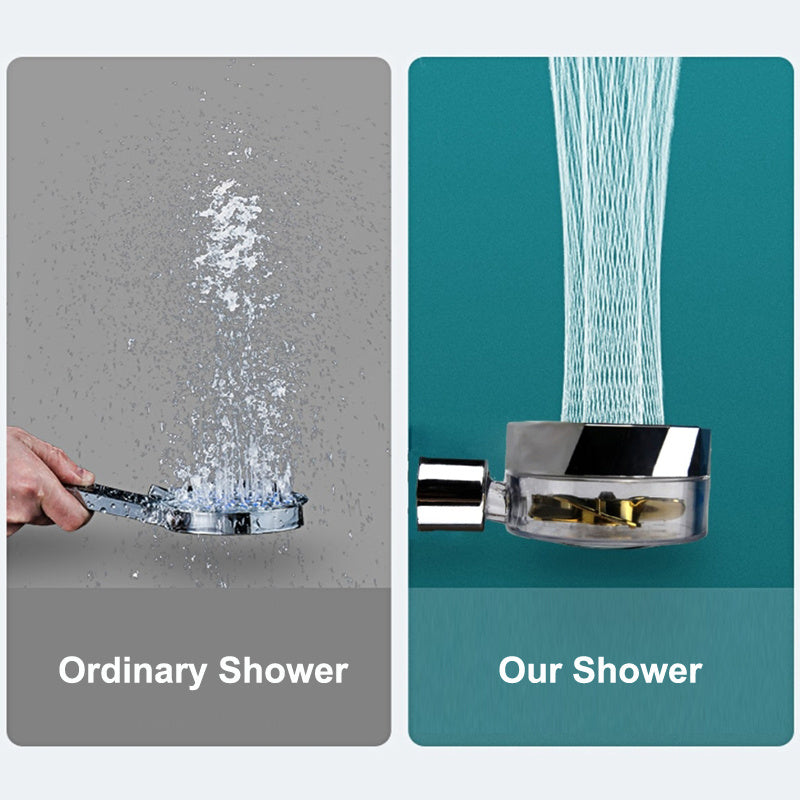 Shopi Vella high pressure shower head with filter showing water flow comparison to ordinary shower