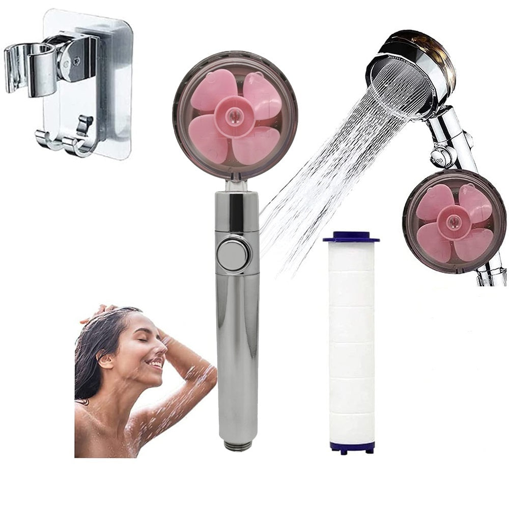 Shopi Vella high pressure shower head with filter showing pink fan design and water spray