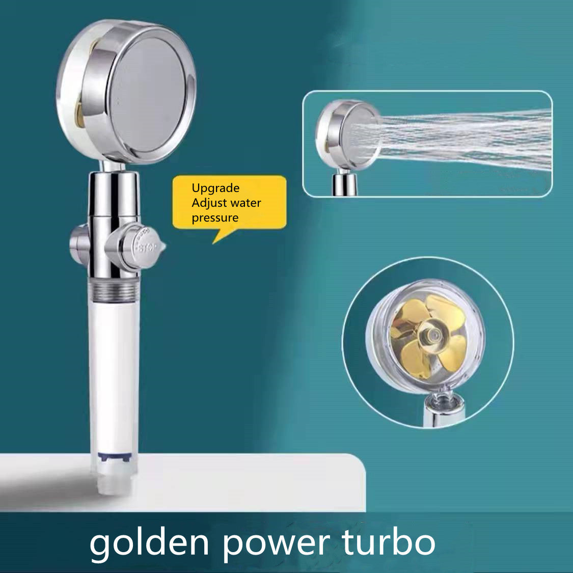 Shopi Vella high pressure water saving shower head with adjustable water pressure and golden power turbo design