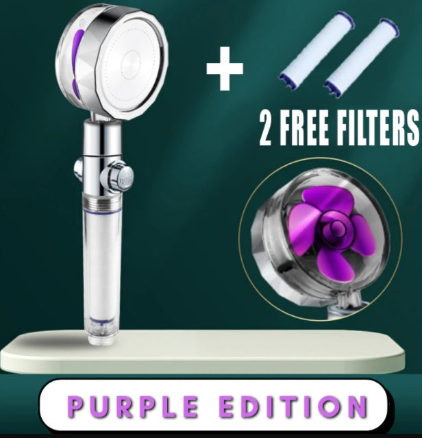 Shopi Vella purple edition high pressure water saving shower head with two free filters and filter closeup