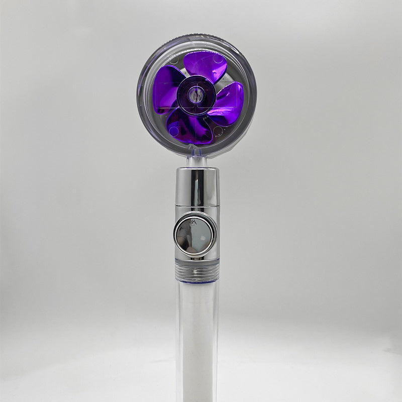 Shopi Vella high pressure water saving shower head with purple propeller design and chrome handle