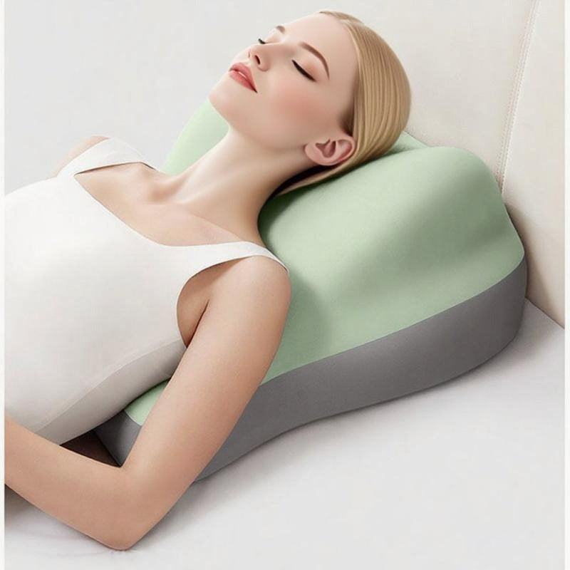 Shopi Vella pillow case on a hip raised sleep cushion supporting a woman resting comfortably