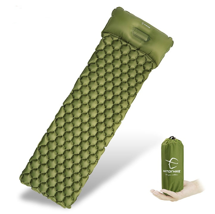 Shopi Vella inflatable camping mattress in green with built-in pillow and compact carry bag