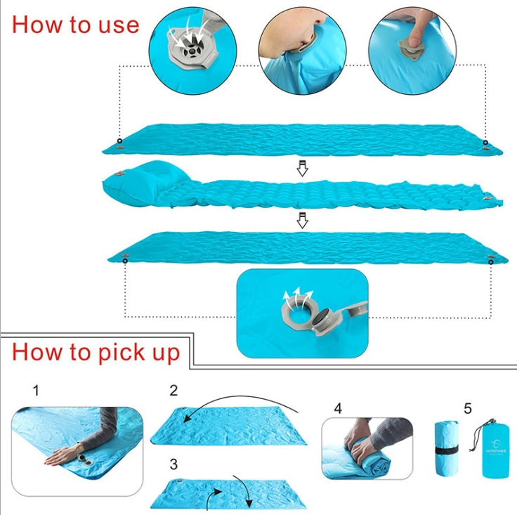 Step-by-step guide showing how to use and pick up the inflatable camping mattress by Shopi Vella