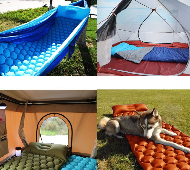 Shopi Vella inflatable camping mattress in blue green and orange colors used in tents and outdoors