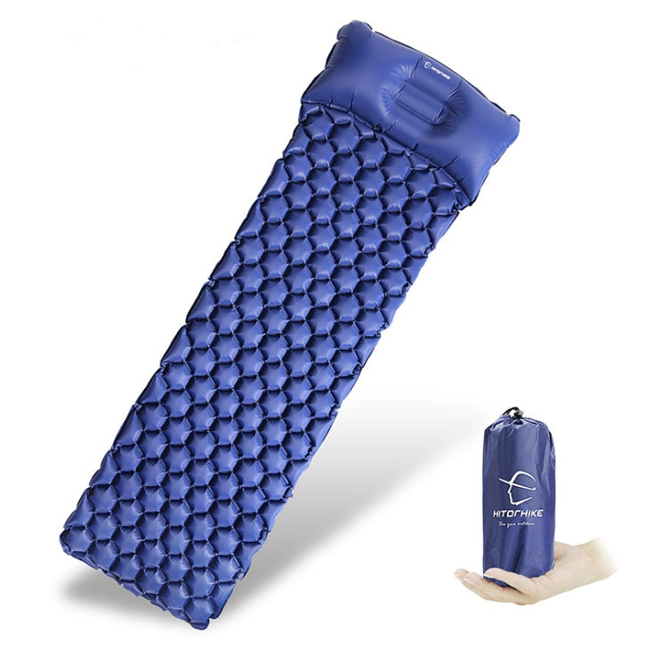 Shopi Vella blue inflatable camping mattress with built-in pillow and compact carrying bag