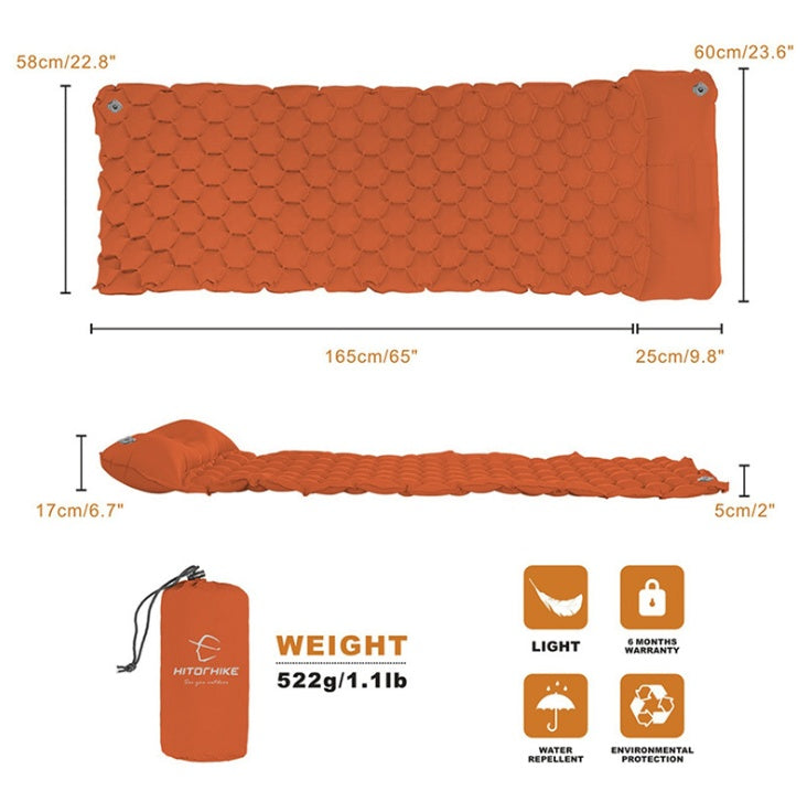 Shopi Vella inflatable camping mattress in orange showing dimensions and weight with compact carry bag