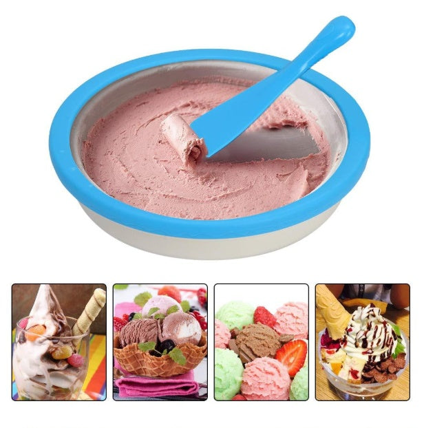 Shopi Vella homemade rolled ice cream machine with blue spatula and creamy pink ice cream