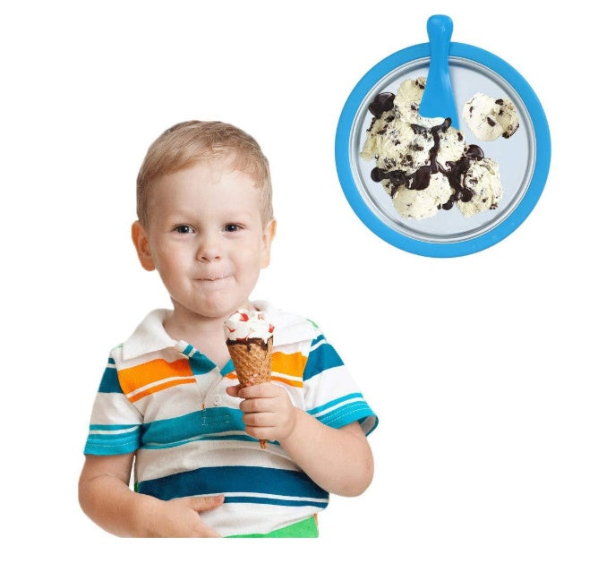 Boy eating ice cream cone next to homemade rolled ice cream machine with scoops of cookies and cream ice cream