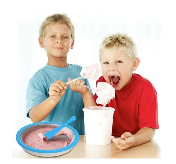 Two kids enjoying homemade rolled ice cream made with a homemade rolled ice cream machine by Shopi Vella