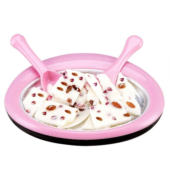 Pink homemade rolled ice cream machine plate with ice cream rolls and two matching pink spatulas