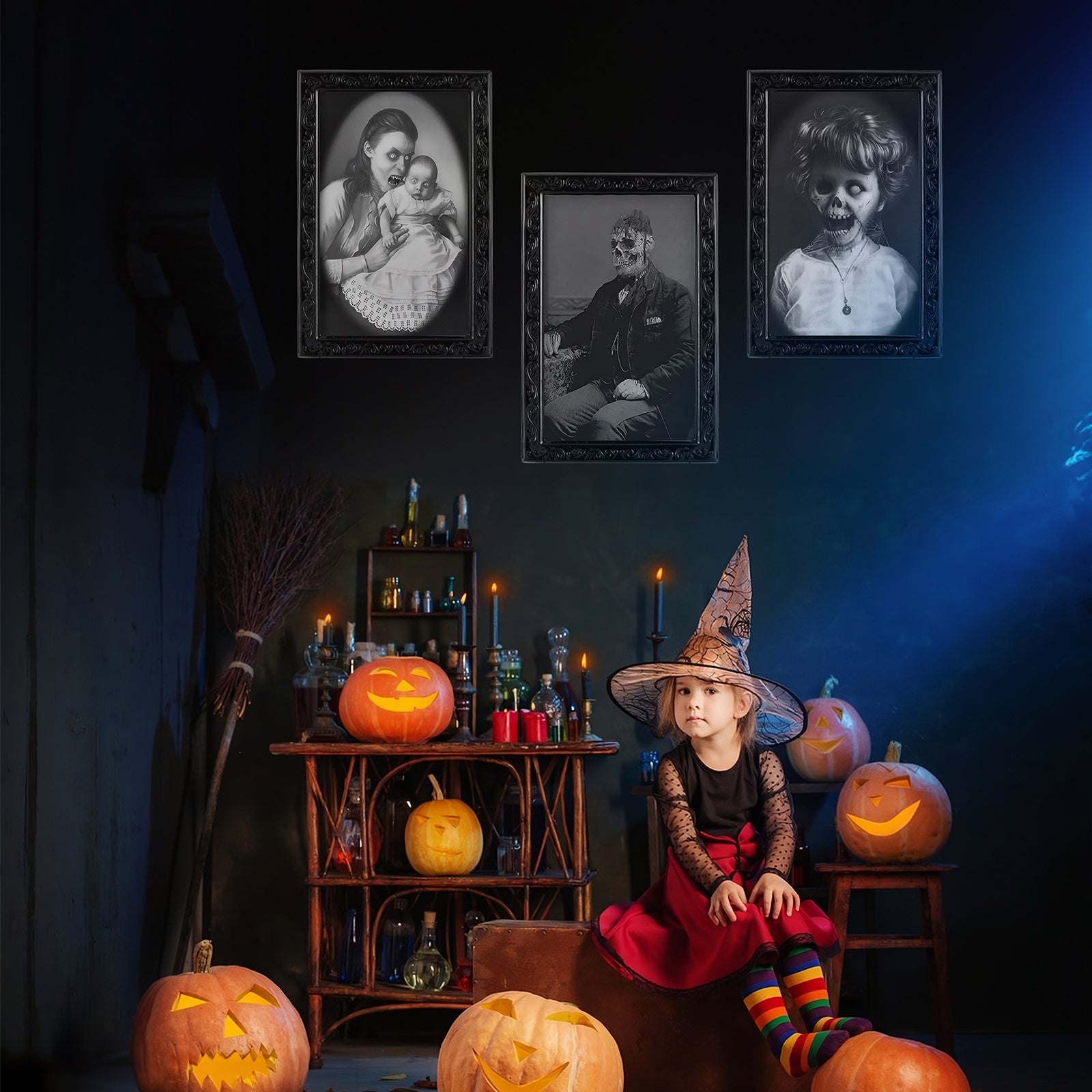 Halloween scene with pumpkin decorations and spooky portraits featuring horror party decorations for home