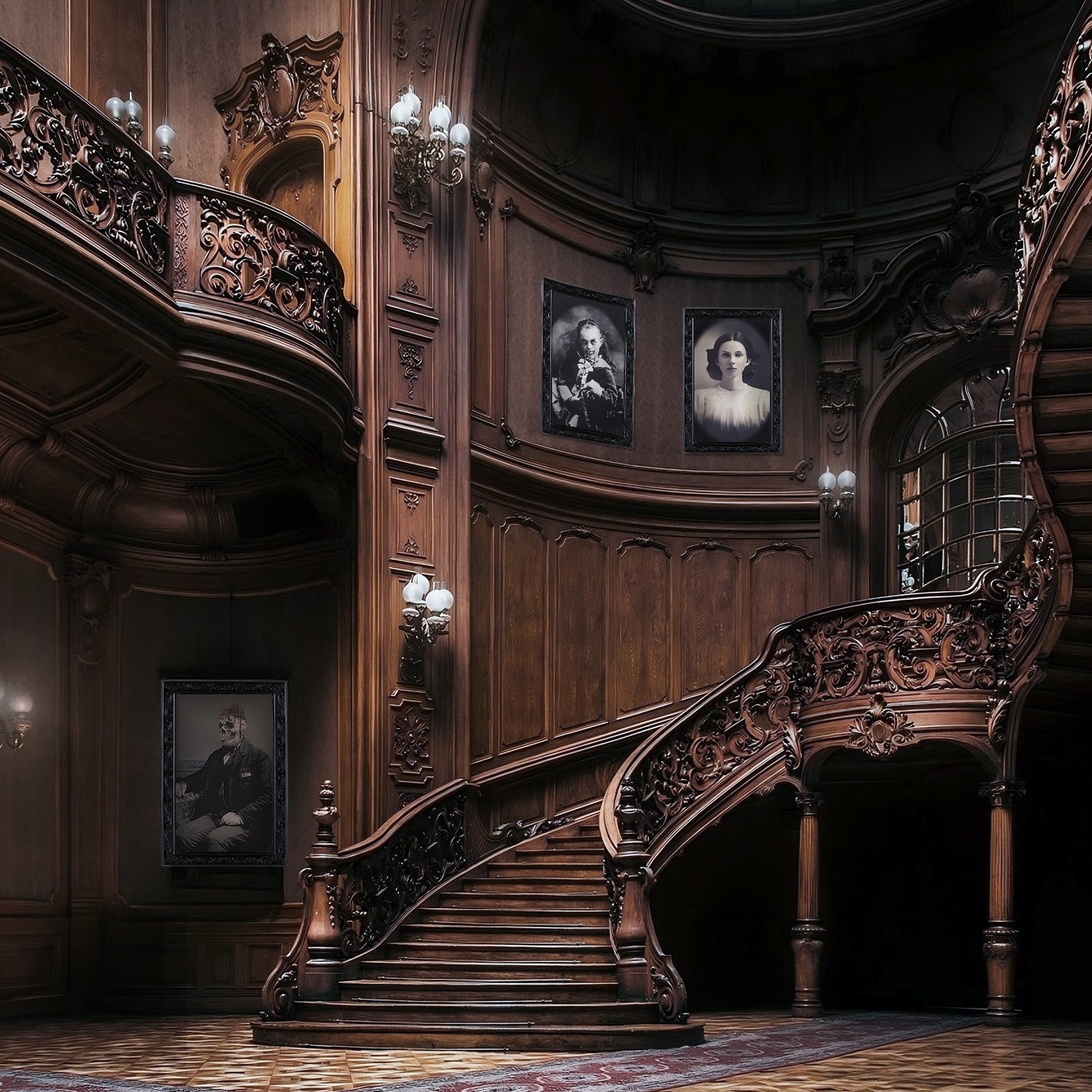 Ornate wooden staircase with detailed carvings and framed portraits perfect for horror party decorations for home