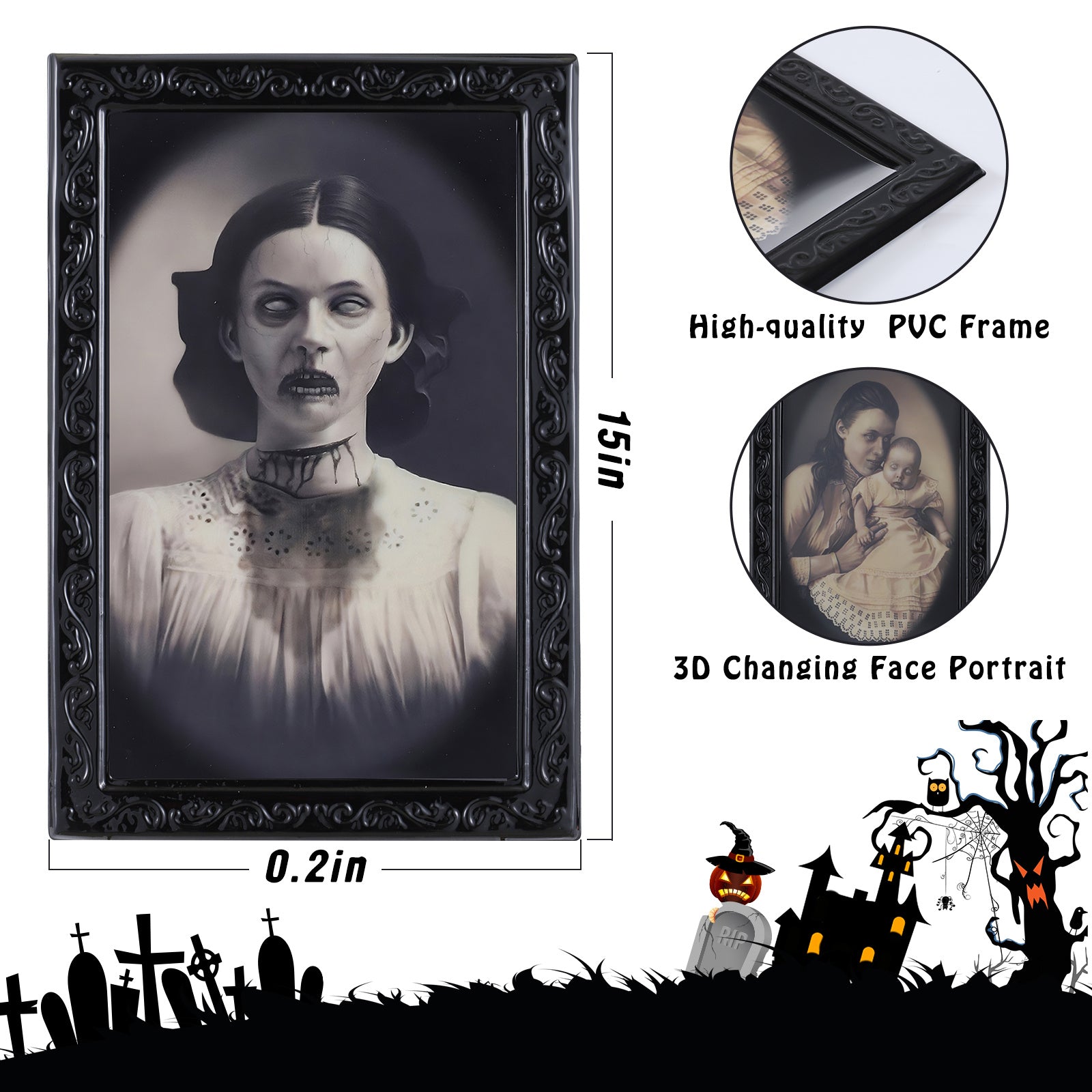 Shopi Vella horror party decorations for home with 15 inch 3D changing face portrait in black PVC frame
