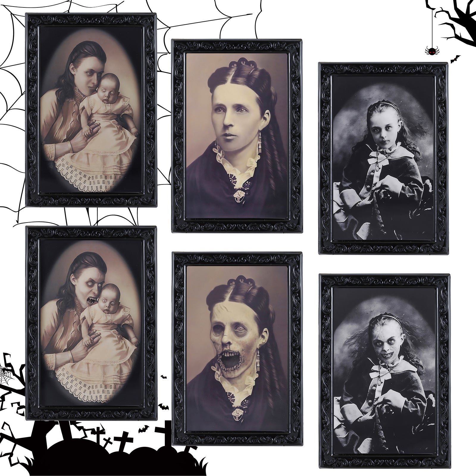Shopi Vella horror party decorations for home featuring spooky vintage portraits with creepy changing faces