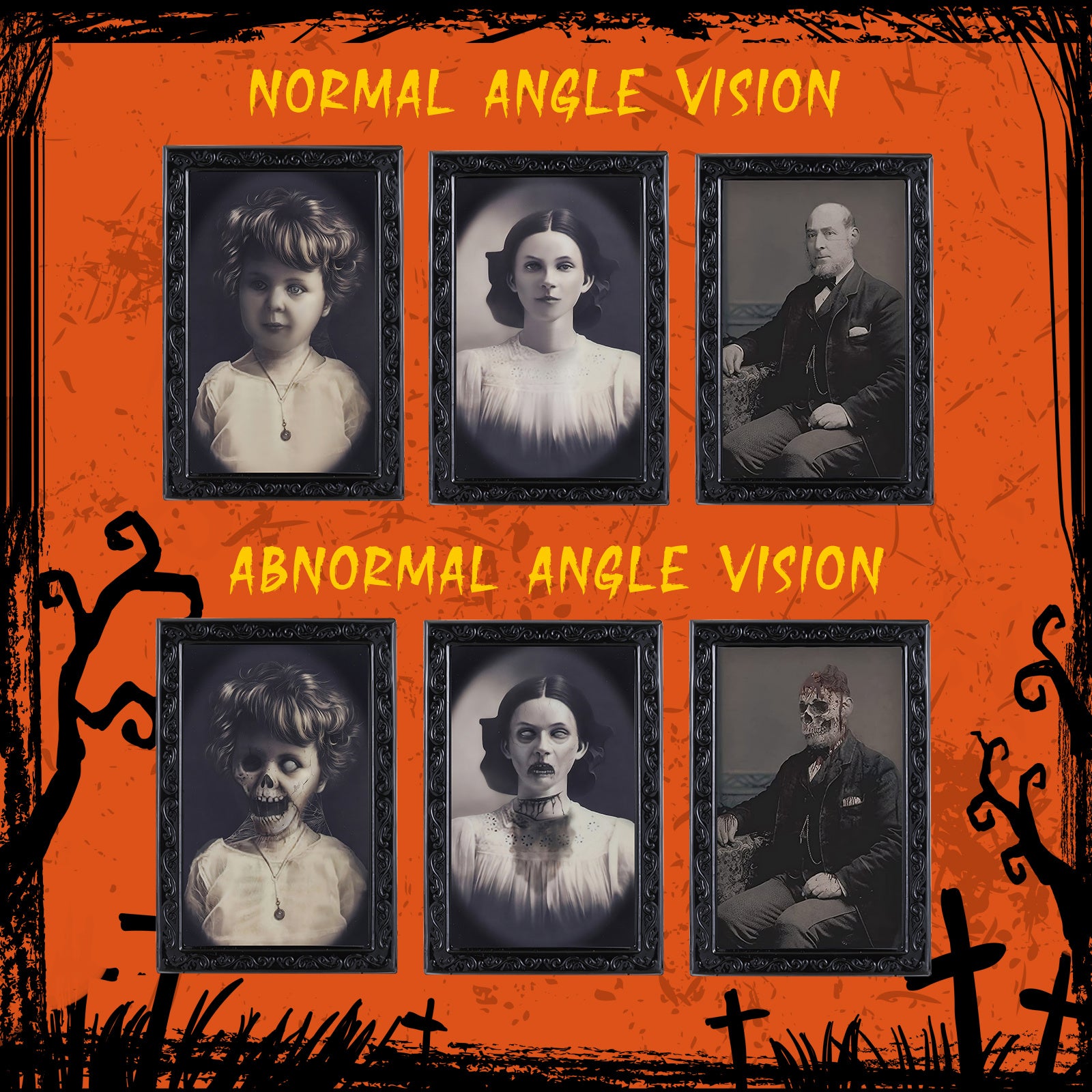 Shopi Vella horror party decorations for home showing spooky portraits with normal and abnormal angle vision