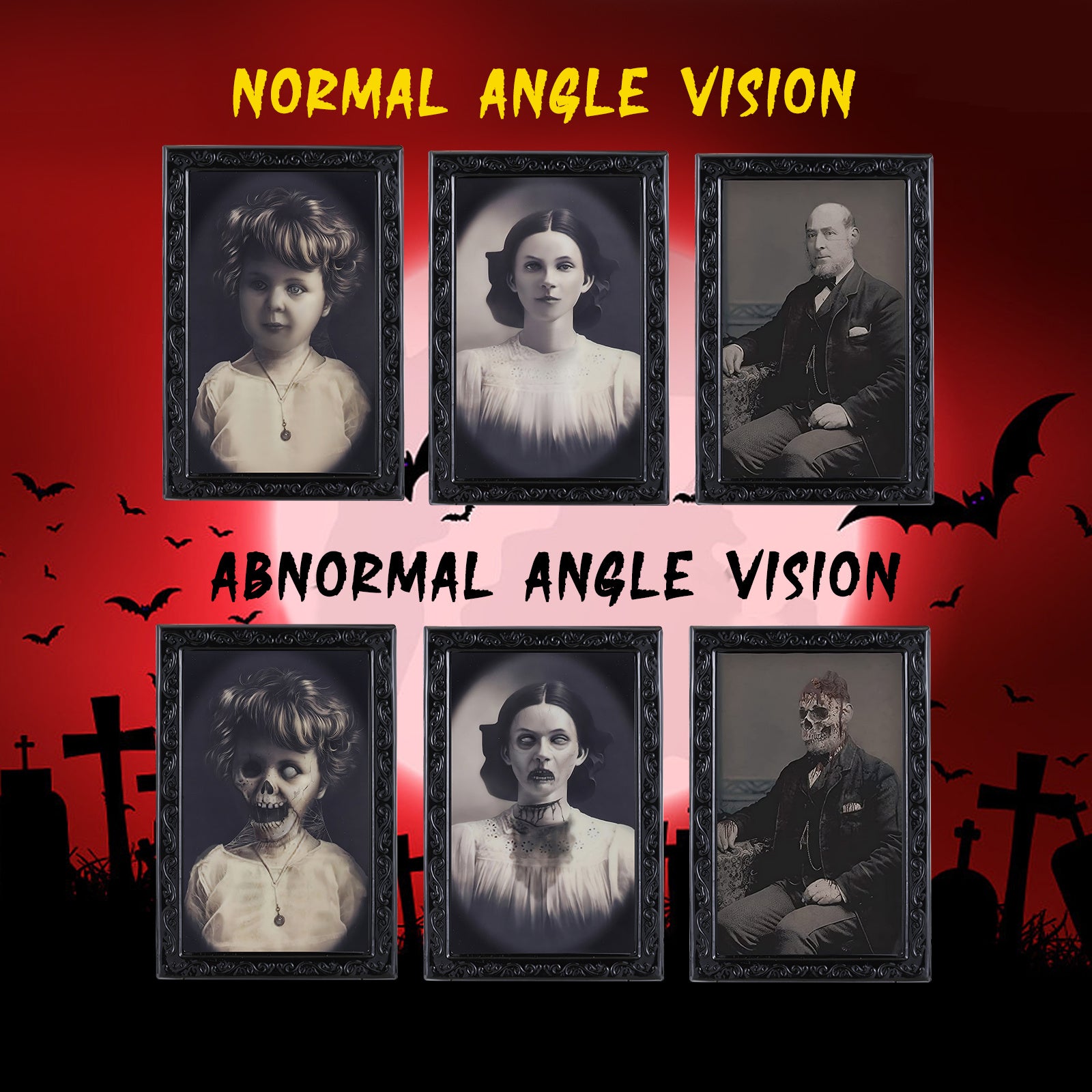 Horror party decorations for home showing spooky framed portraits with normal and abnormal angle vision