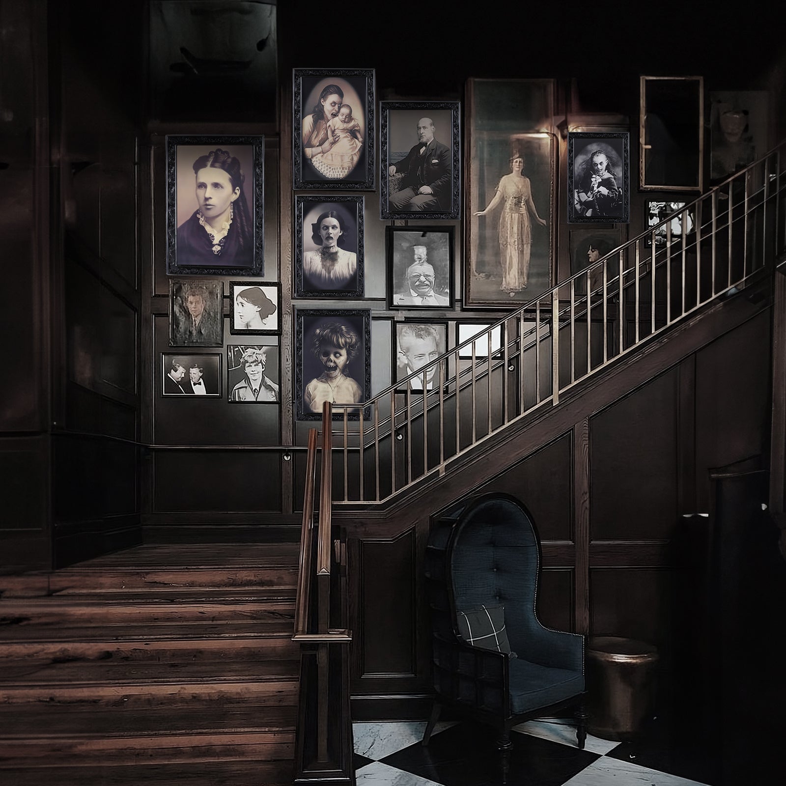 Horror party decorations for home featuring vintage spooky portraits on dark staircase wall
