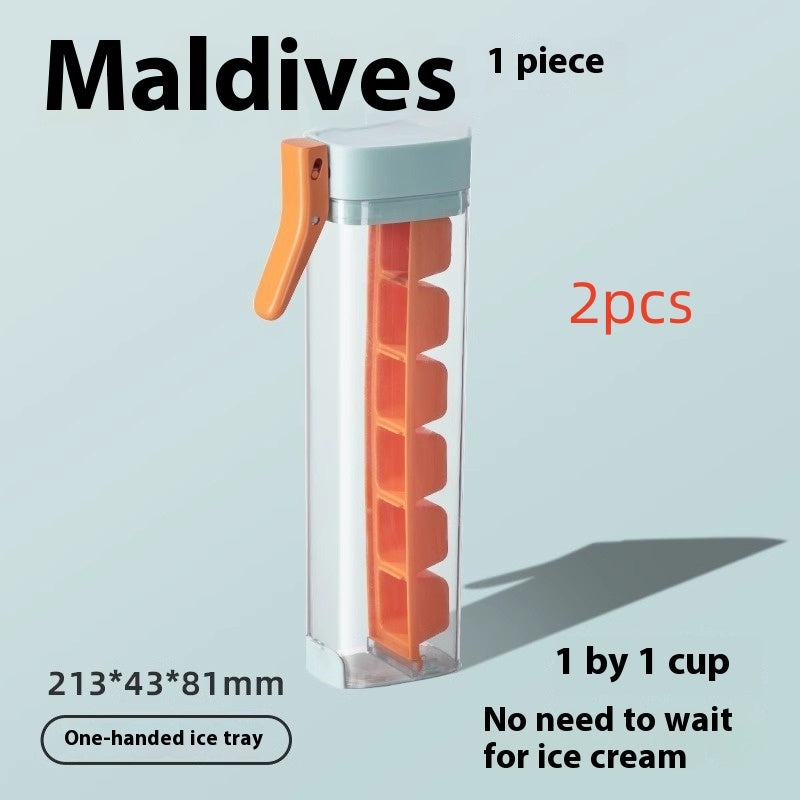 Household ice cube tray with storage clear container and orange handle for easy ice making