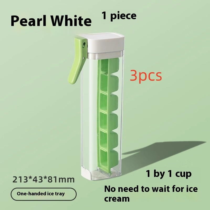 Household ice cube tray with storage in pearl white with green handle for easy one-handed use