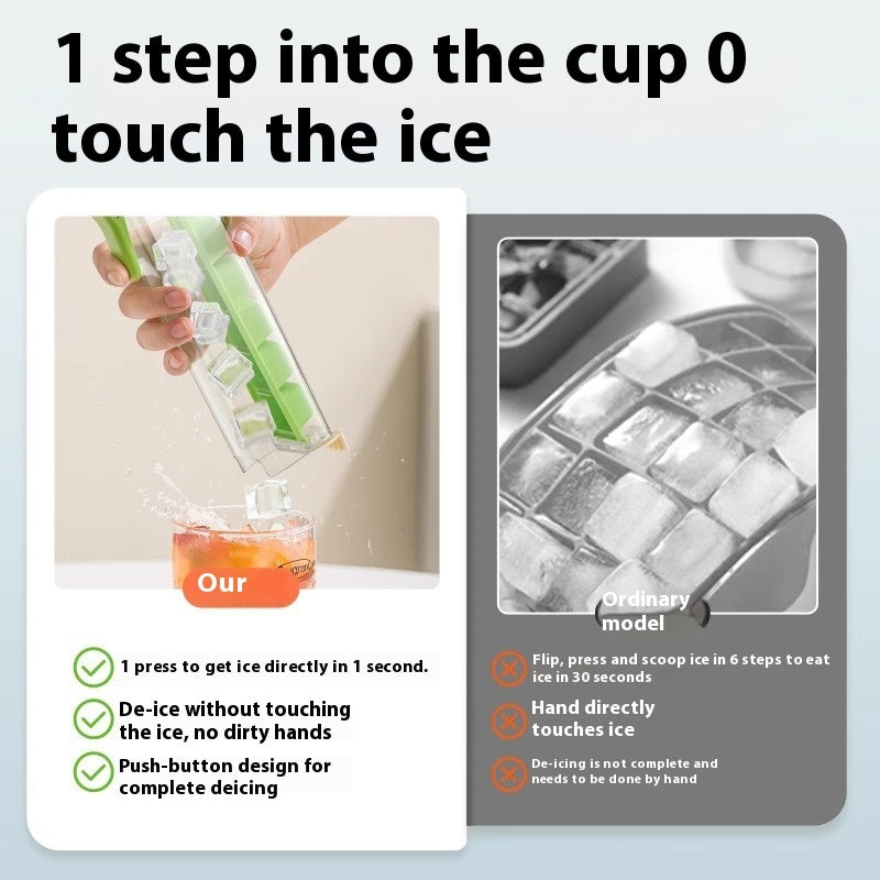 Household ice cube tray with storage by Shopi Vella featuring push-button design for easy ice release without touching ice