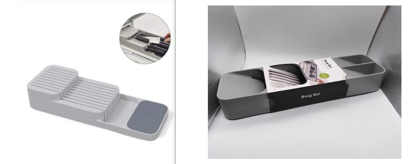 Shopi Vella kitchen utensil drawer organizer in gray with multiple compartments for efficient kitchen storage