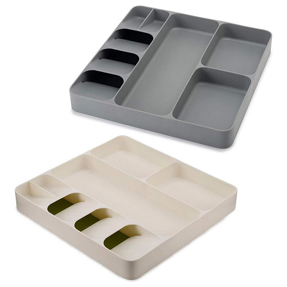Shopi Vella kitchen utensil drawer organizer set in gray and beige with multiple compartments for utensils