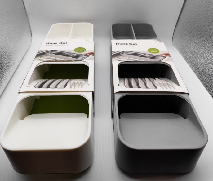 Shopi Vella kitchen utensil drawer organizer in white and gray for efficient kitchen storage