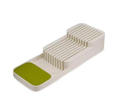Shopi Vella beige kitchen utensil drawer organizer with multiple slots and green non-slip base