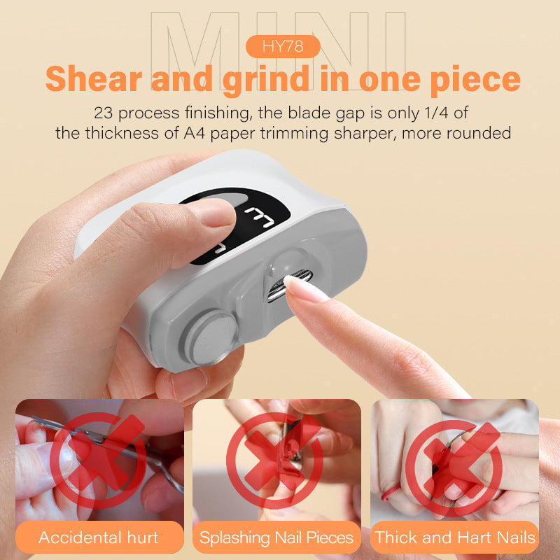 Shopi Vella electric nail clippers with LED light held in hand showing compact design and safety features