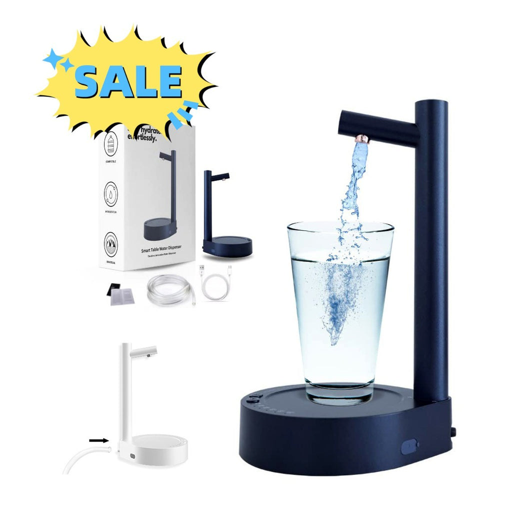 Shopi Vella black desk water dispenser for office pouring water into a glass with accessories and box