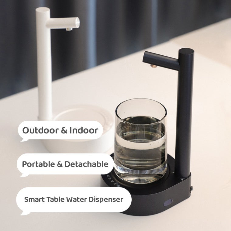 Shopi Vella desk water dispenser for office in black and white with a glass of water showing portable and detachable design