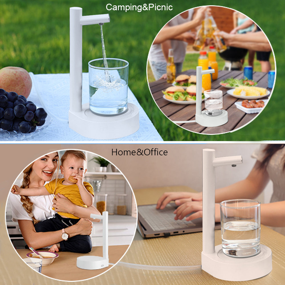 Shopi Vella desk water dispenser for office shown dispensing water into glass on desk and outdoor settings