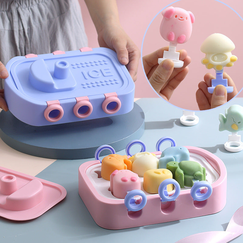 Shopi Vella colorful ice hockey maker for kids with animal-shaped ice molds and lids in pastel colors