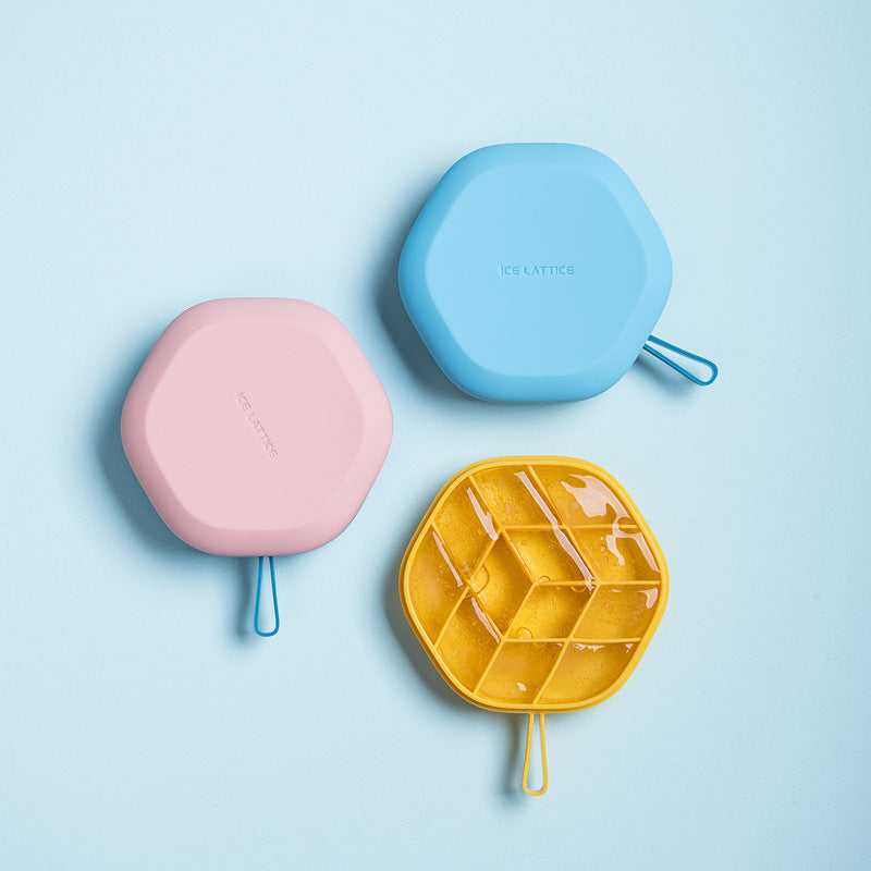 Shopi Vella 3D ice cream maker silicone molds in pink blue and yellow hexagonal shapes for home storage