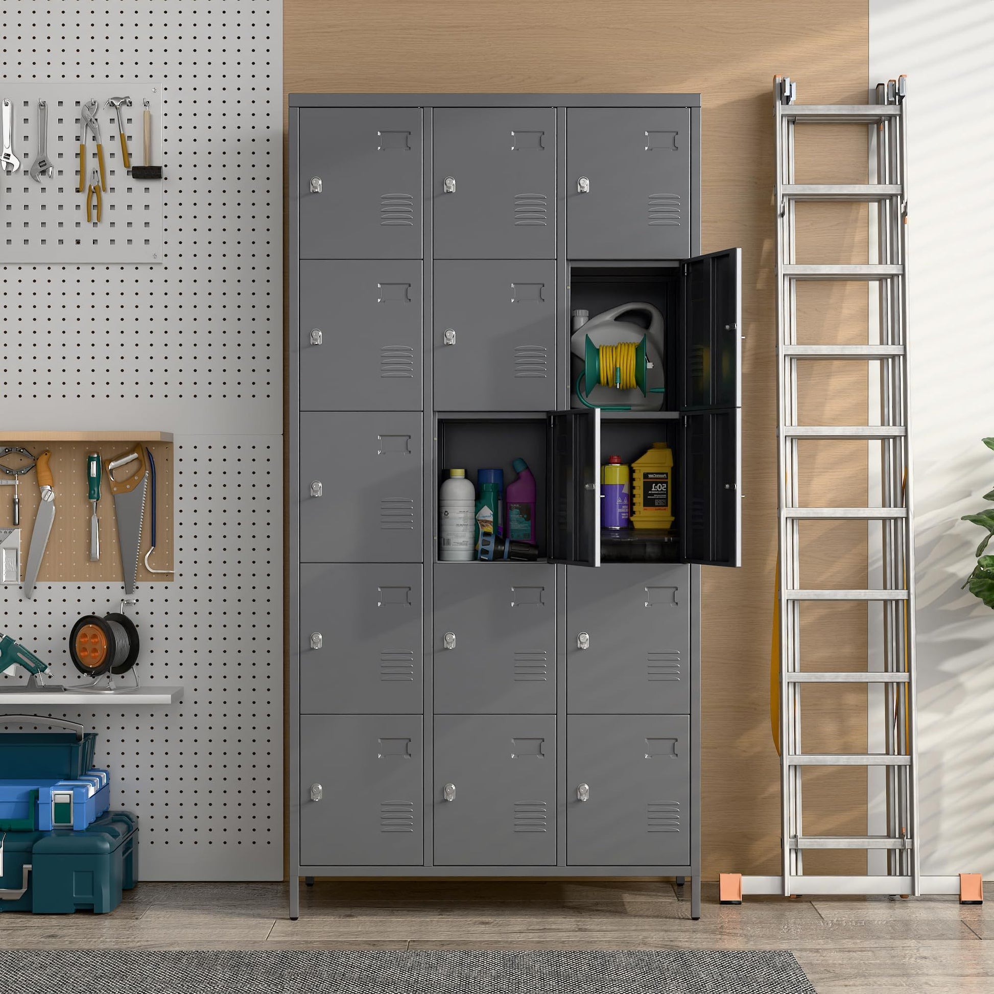 Shopi Vella gray metal employee lockers for office with multiple compartments in a workspace