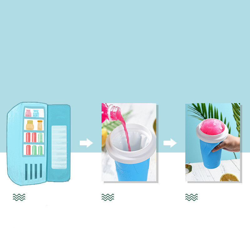 Shopi Vella instant frozen drink cup showing frozen cubes, pouring juice, and pink frozen drink ready to enjoy