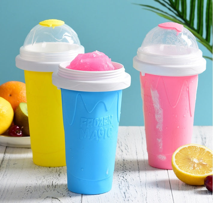 Shopi Vella instant frozen drink cup set in yellow blue and pink with dome lids and frozen drinks inside